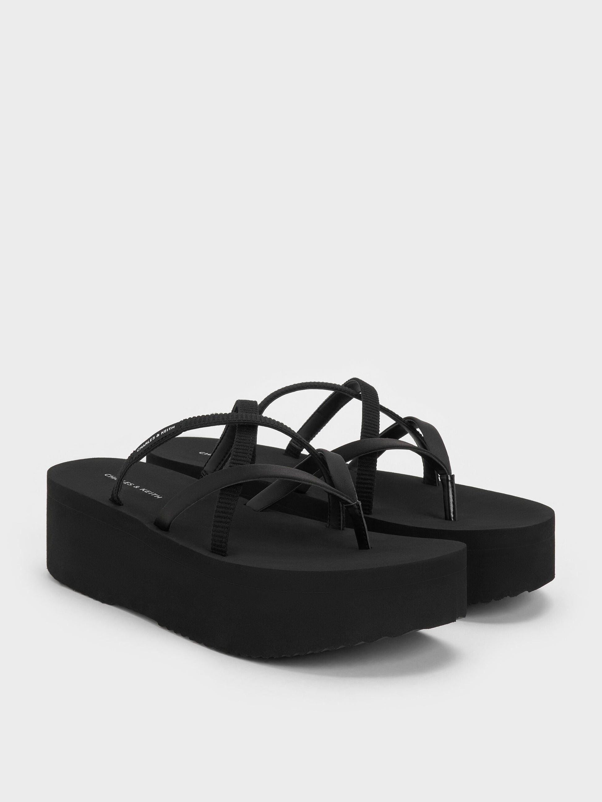 Levy Satin Strappy Flatform Sandals - Black Textured | CHARLES & KEITH