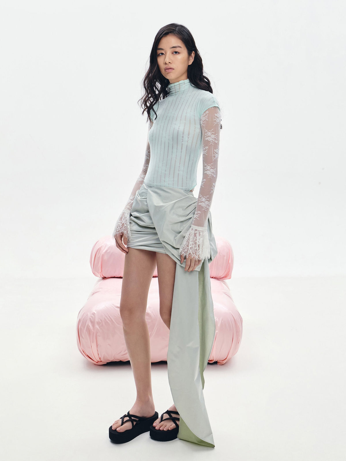 Levy Satin Strappy Flatform Sandals - Black Textured | CHARLES & KEITH