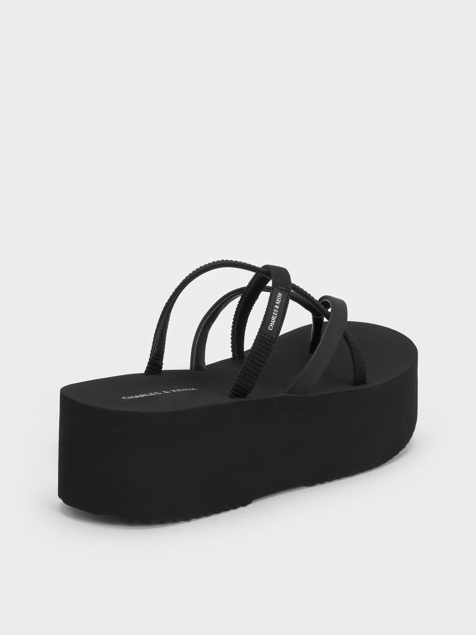 Levy Satin Strappy Flatform Sandals - Black Textured | CHARLES & KEITH
