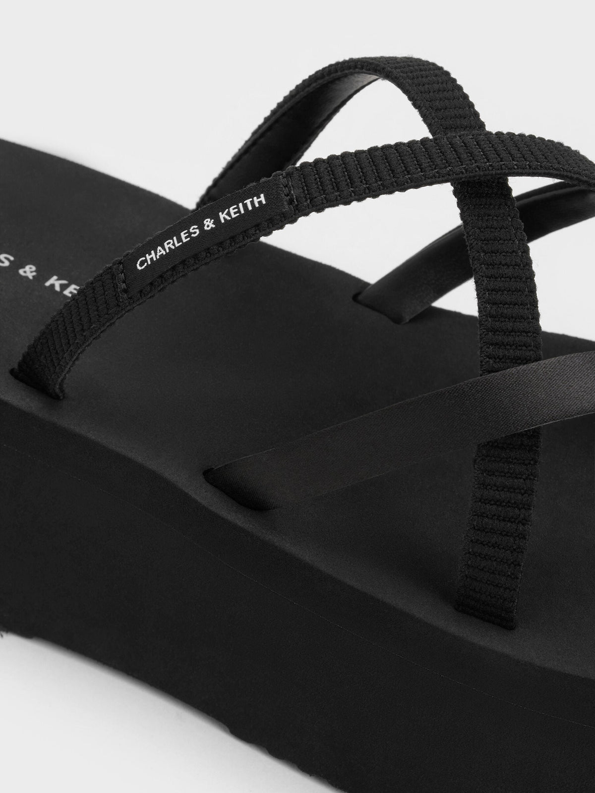 Levy Satin Strappy Flatform Sandals - Black Textured | CHARLES & KEITH
