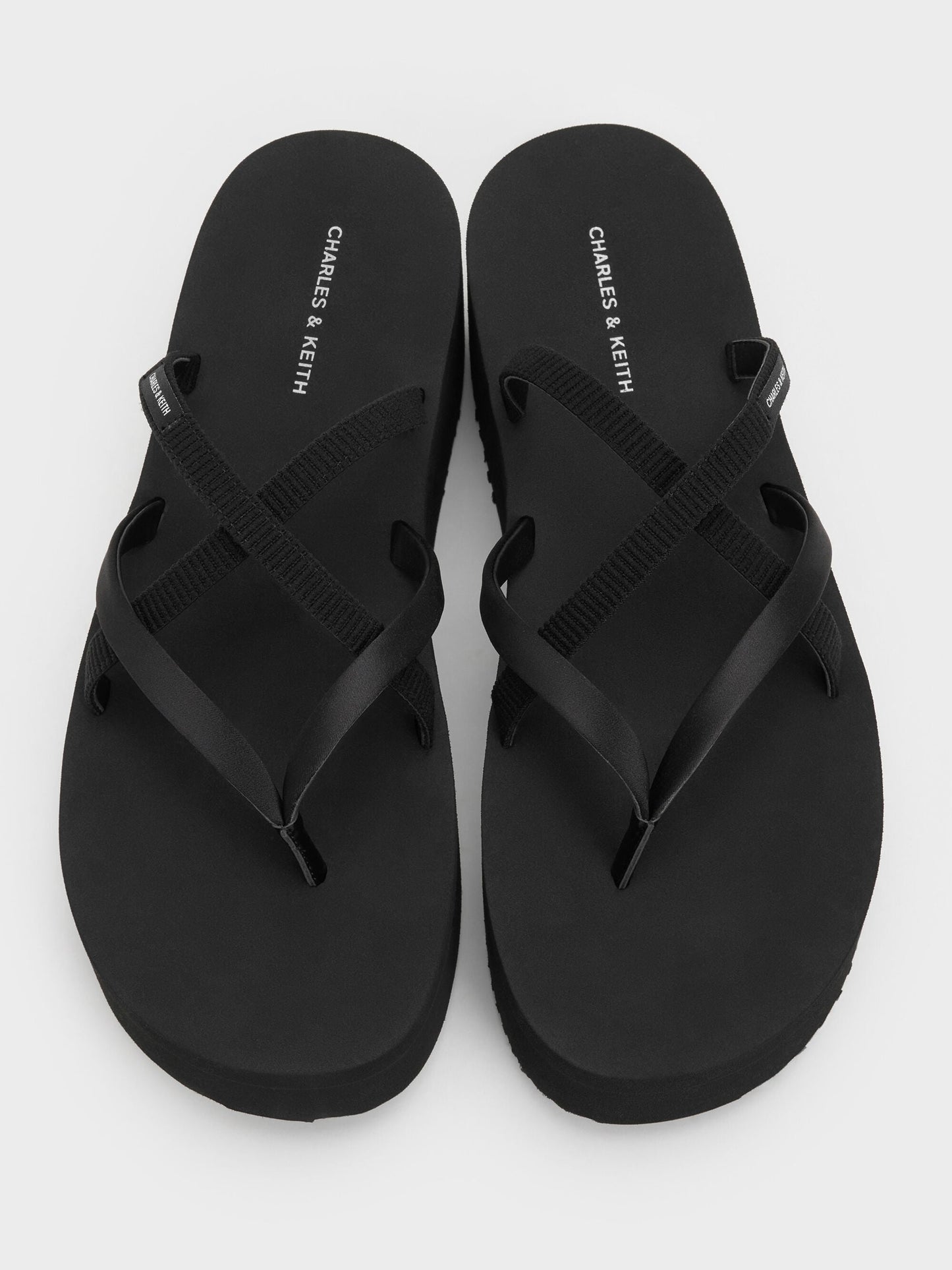 Levy Satin Strappy Flatform Sandals - Black Textured | CHARLES & KEITH