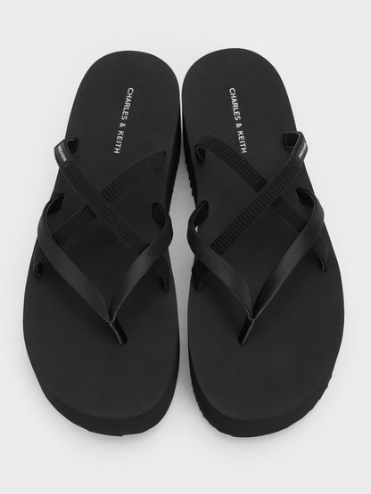 Levy Satin Strappy Flatform Sandals - Black Textured | CHARLES & KEITH