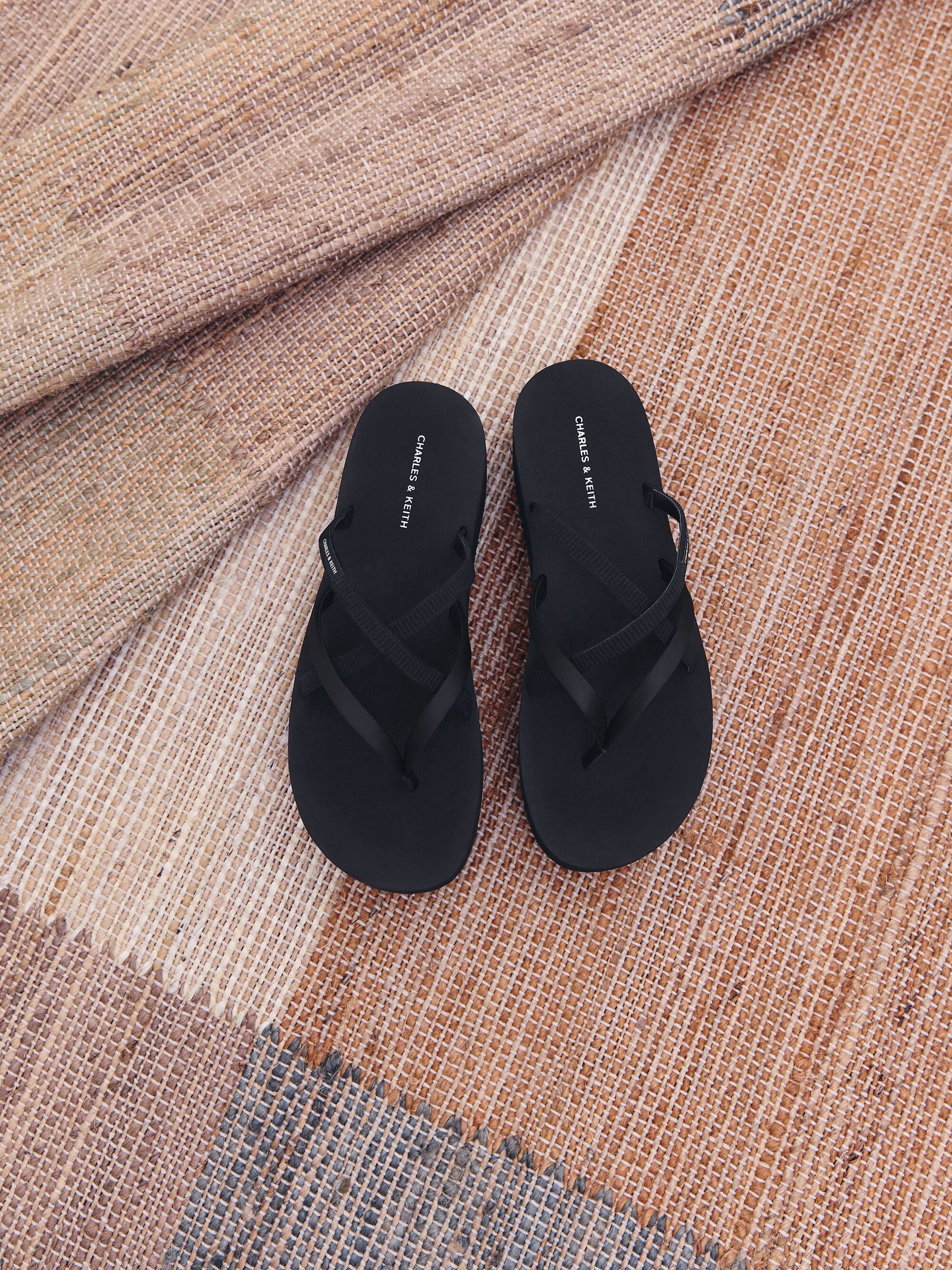 Levy Satin Strappy Flatform Sandals - Black Textured | CHARLES & KEITH