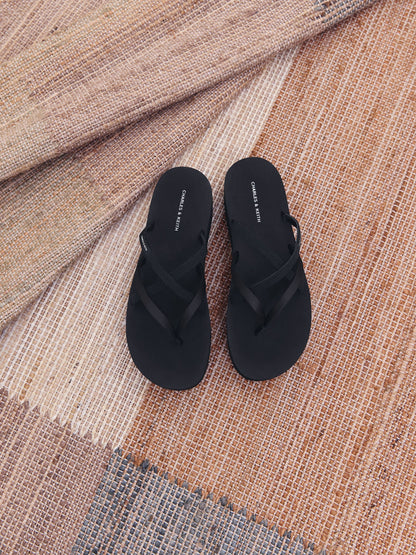 Levy Satin Strappy Flatform Sandals - Black Textured | CHARLES & KEITH