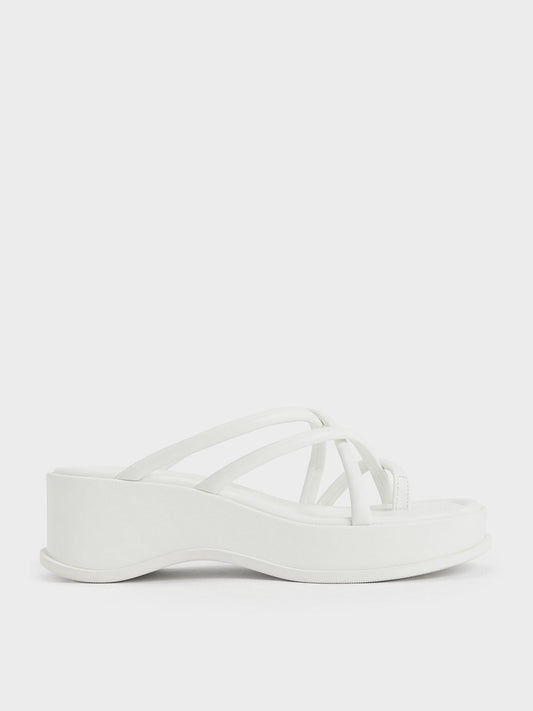 Strappy Tubular Wedge Sandals - White | CHARLES & KEITH