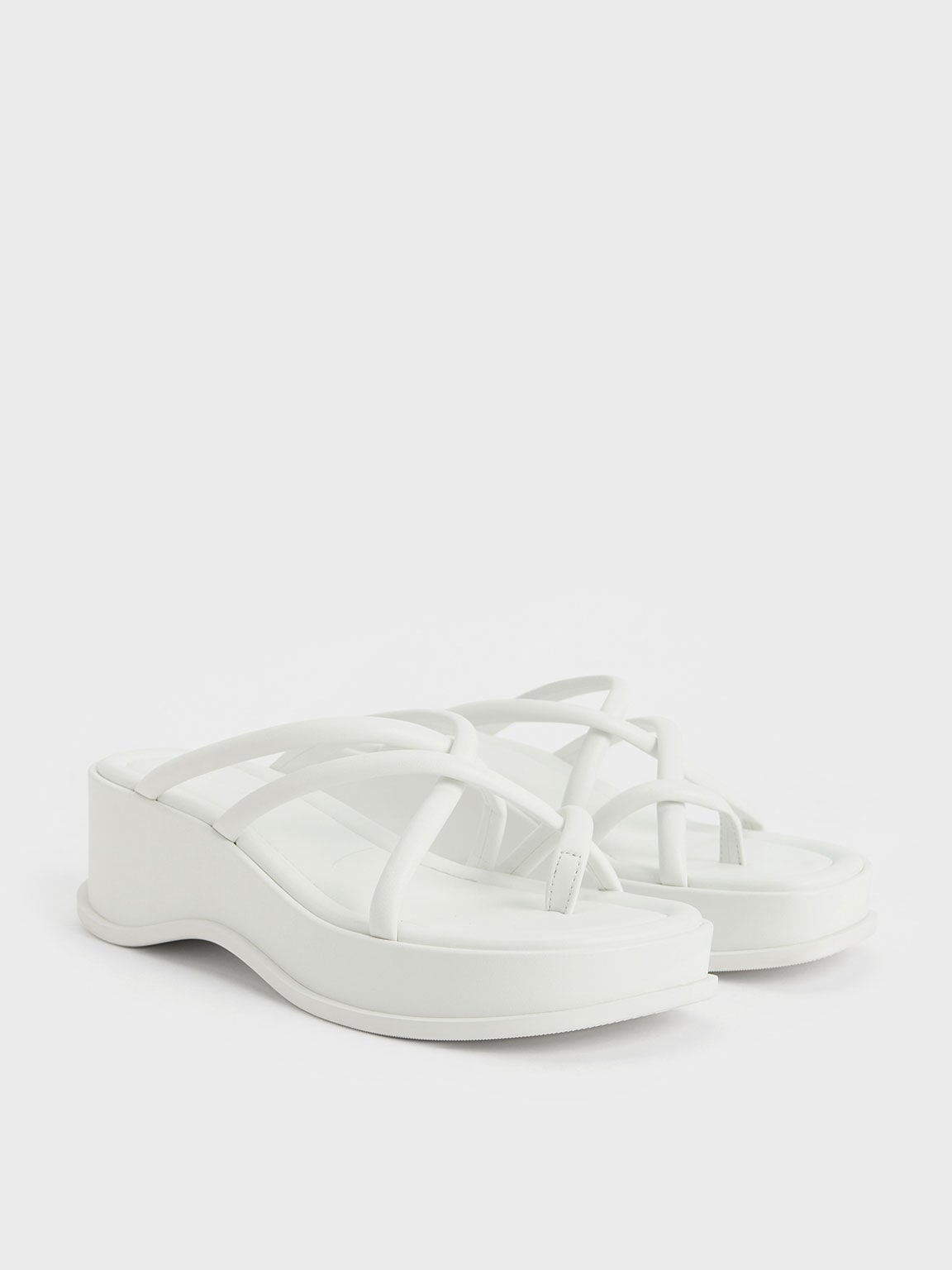 Strappy Tubular Wedge Sandals - White | CHARLES & KEITH