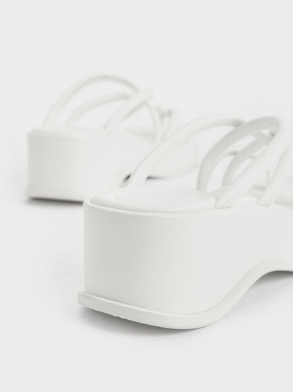 Strappy Tubular Wedge Sandals - White | CHARLES & KEITH