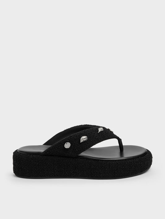 Tweed Beach Flatform Thong Sandals - Black Textured | CHARLES & KEITH