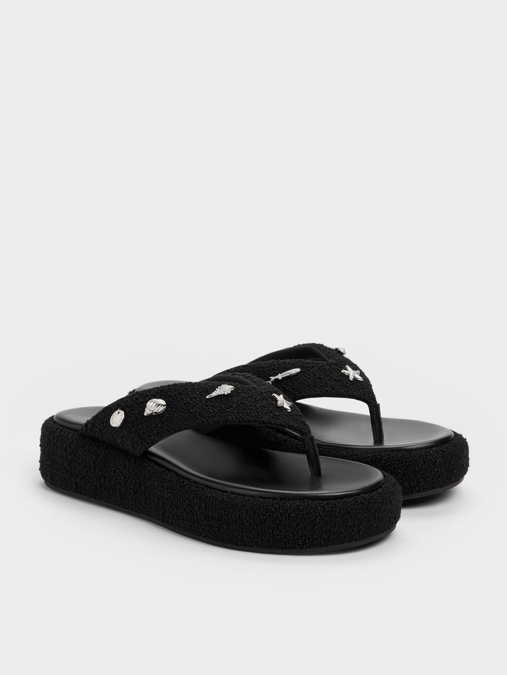Tweed Beach Flatform Thong Sandals - Black Textured | CHARLES & KEITH