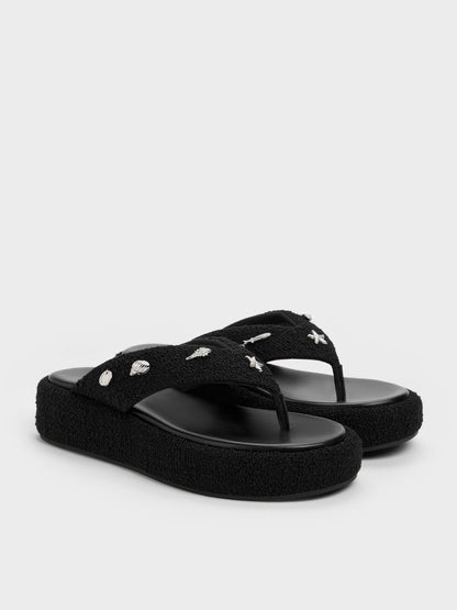 Tweed Beach Flatform Thong Sandals - Black Textured | CHARLES & KEITH