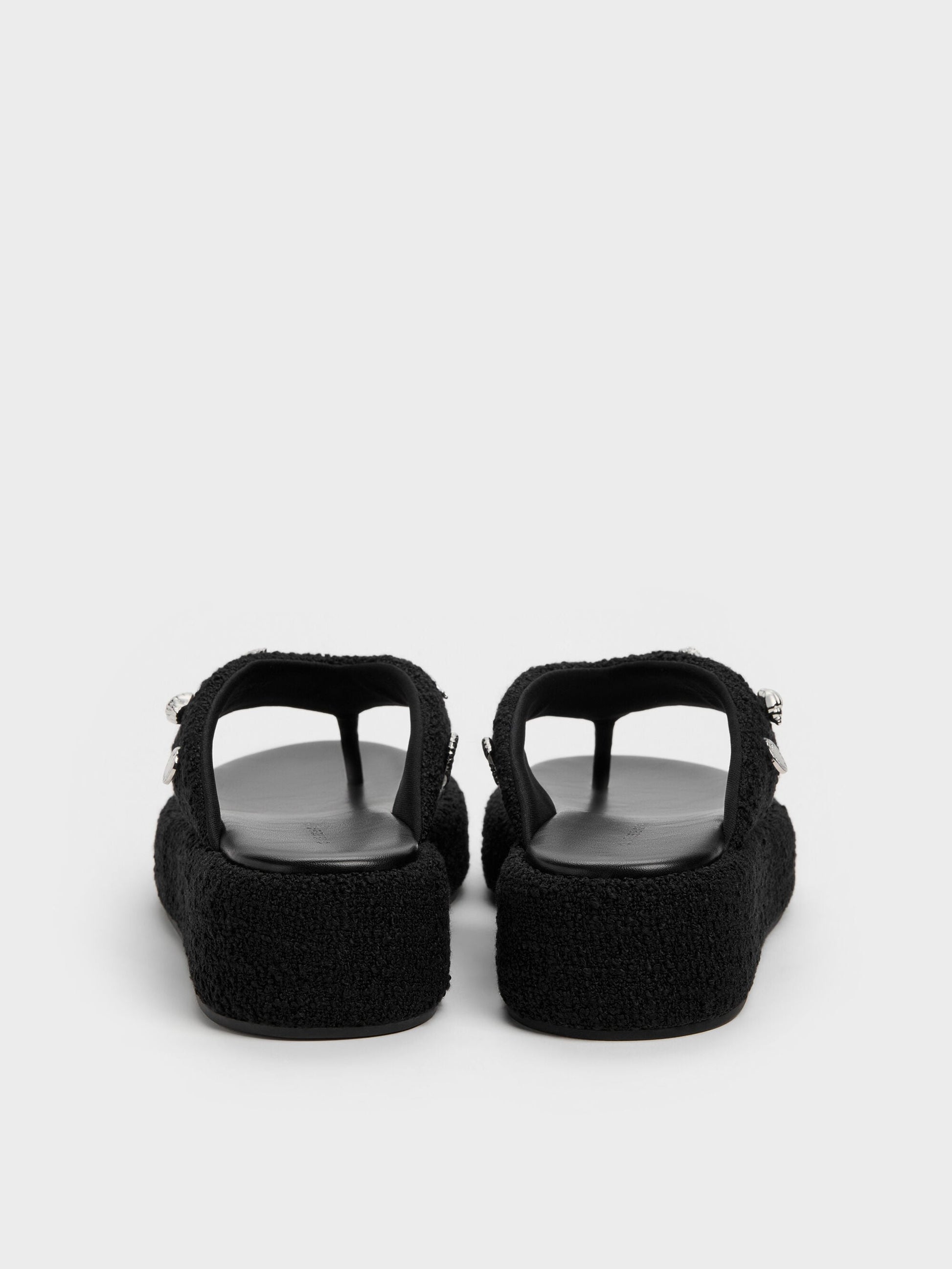 Tweed Beach Flatform Thong Sandals - Black Textured | CHARLES & KEITH