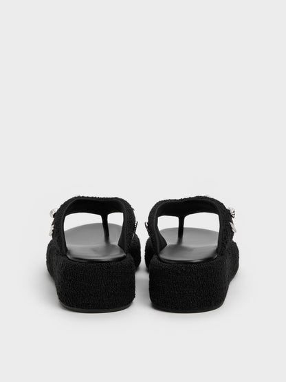 Tweed Beach Flatform Thong Sandals - Black Textured | CHARLES & KEITH