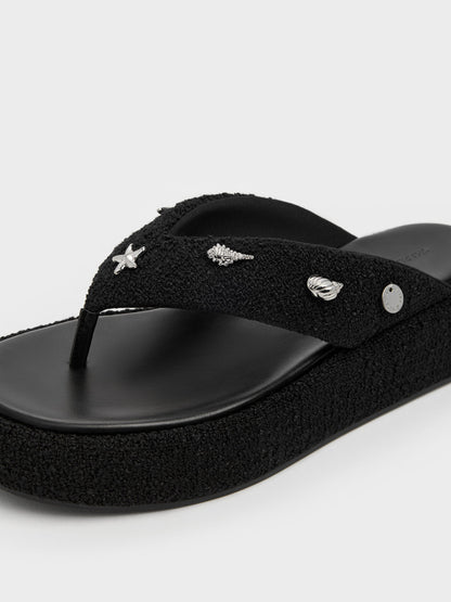 Tweed Beach Flatform Thong Sandals - Black Textured | CHARLES & KEITH