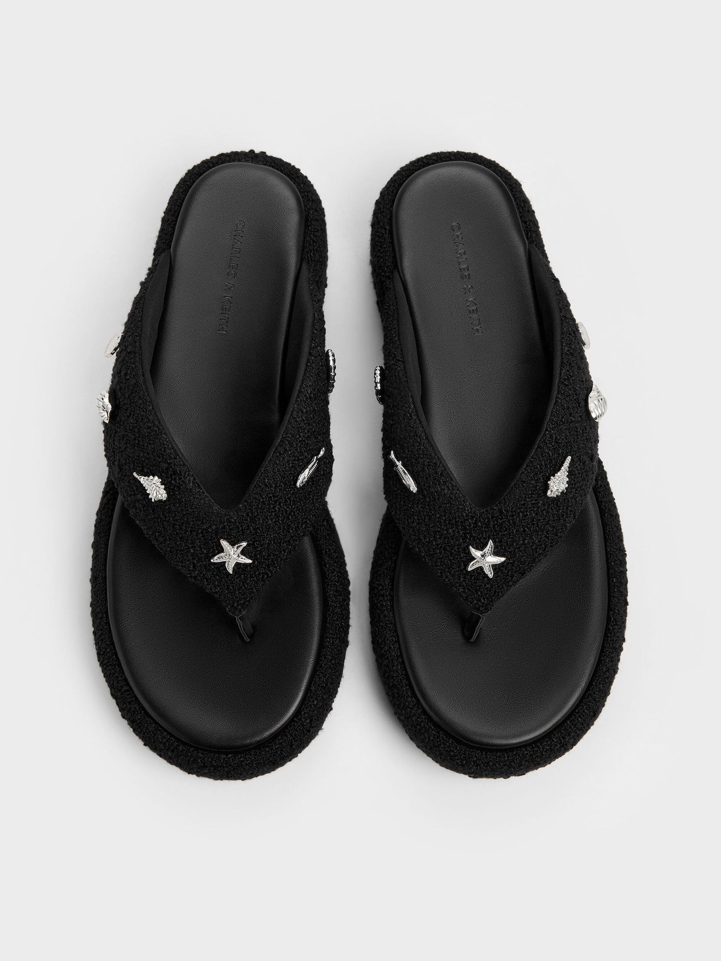 Tweed Beach Flatform Thong Sandals - Black Textured | CHARLES & KEITH