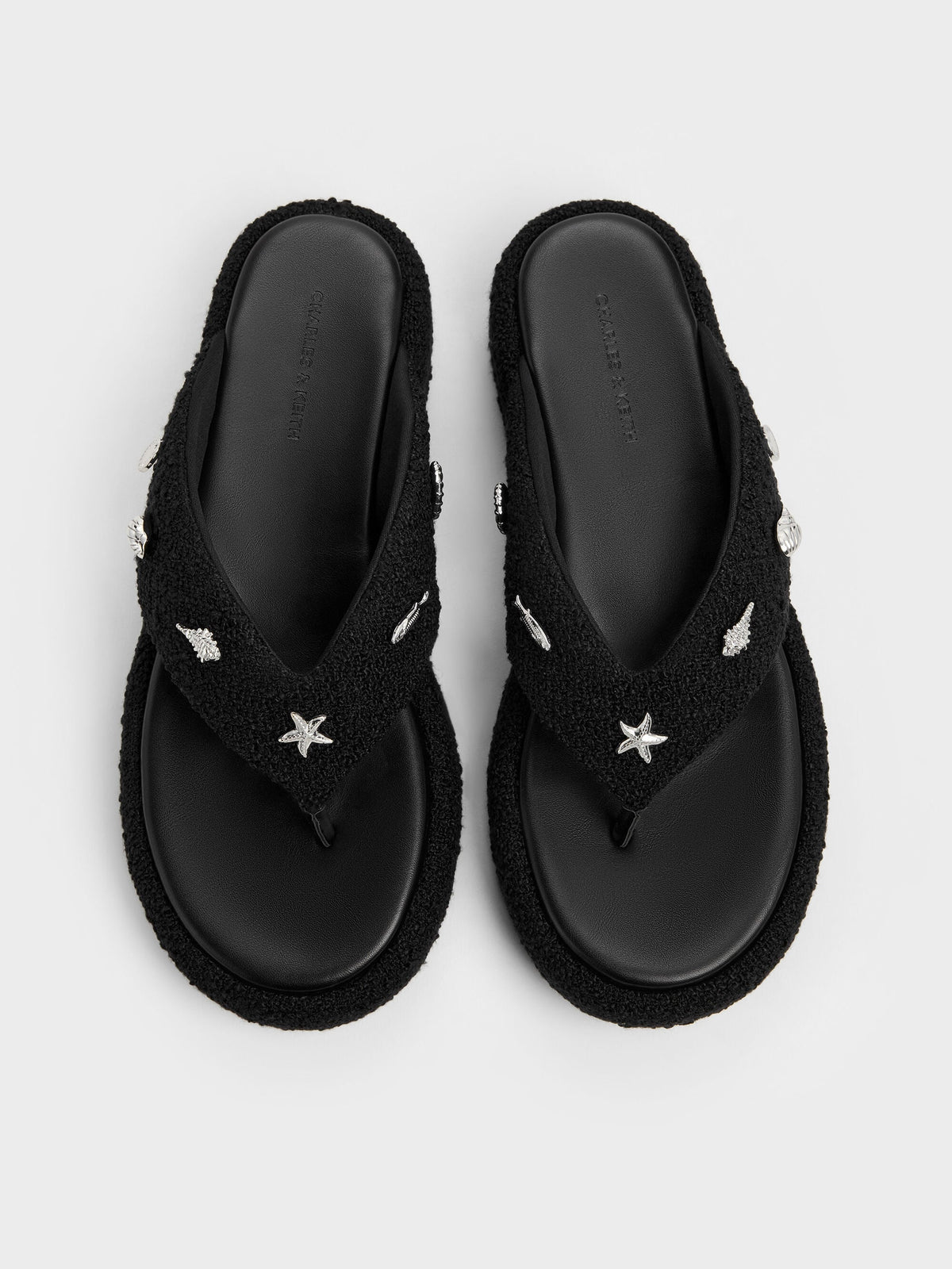 Tweed Beach Flatform Thong Sandals - Black Textured | CHARLES & KEITH
