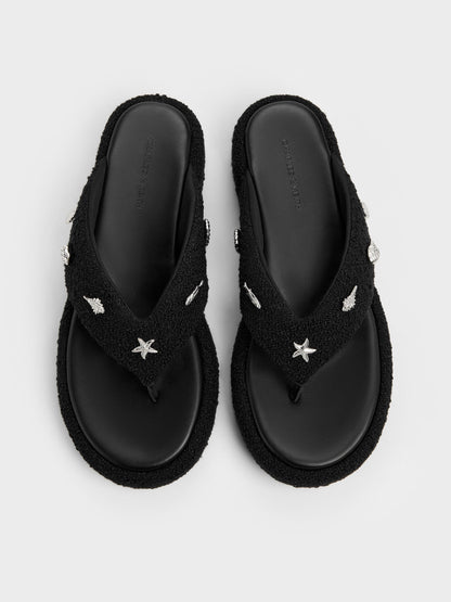 Tweed Beach Flatform Thong Sandals - Black Textured | CHARLES & KEITH