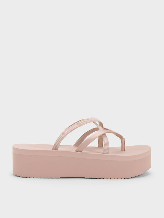 Levy Satin Strappy Flatform Sandals - Light Pink | CHARLES & KEITH
