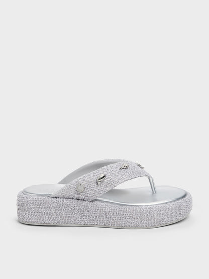 Tweed Beach Flatform Thong Sandals - Silver | CHARLES & KEITH