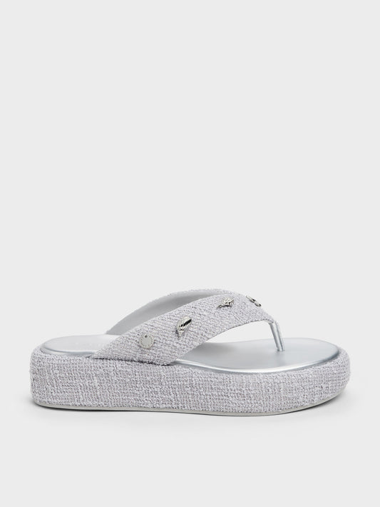Tweed Beach Flatform Thong Sandals - Silver | CHARLES & KEITH
