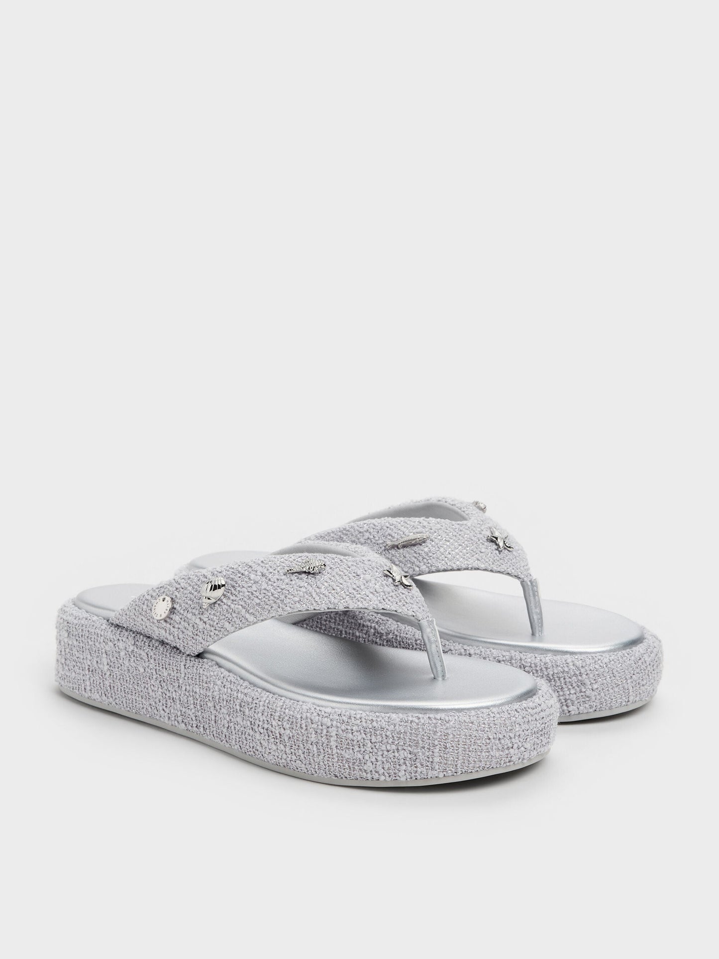Tweed Beach Flatform Thong Sandals - Silver | CHARLES & KEITH