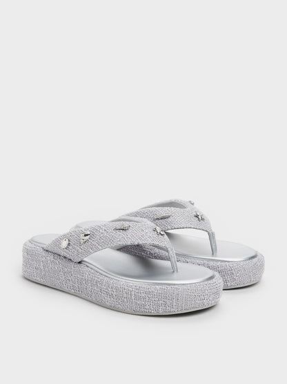 Tweed Beach Flatform Thong Sandals - Silver | CHARLES & KEITH