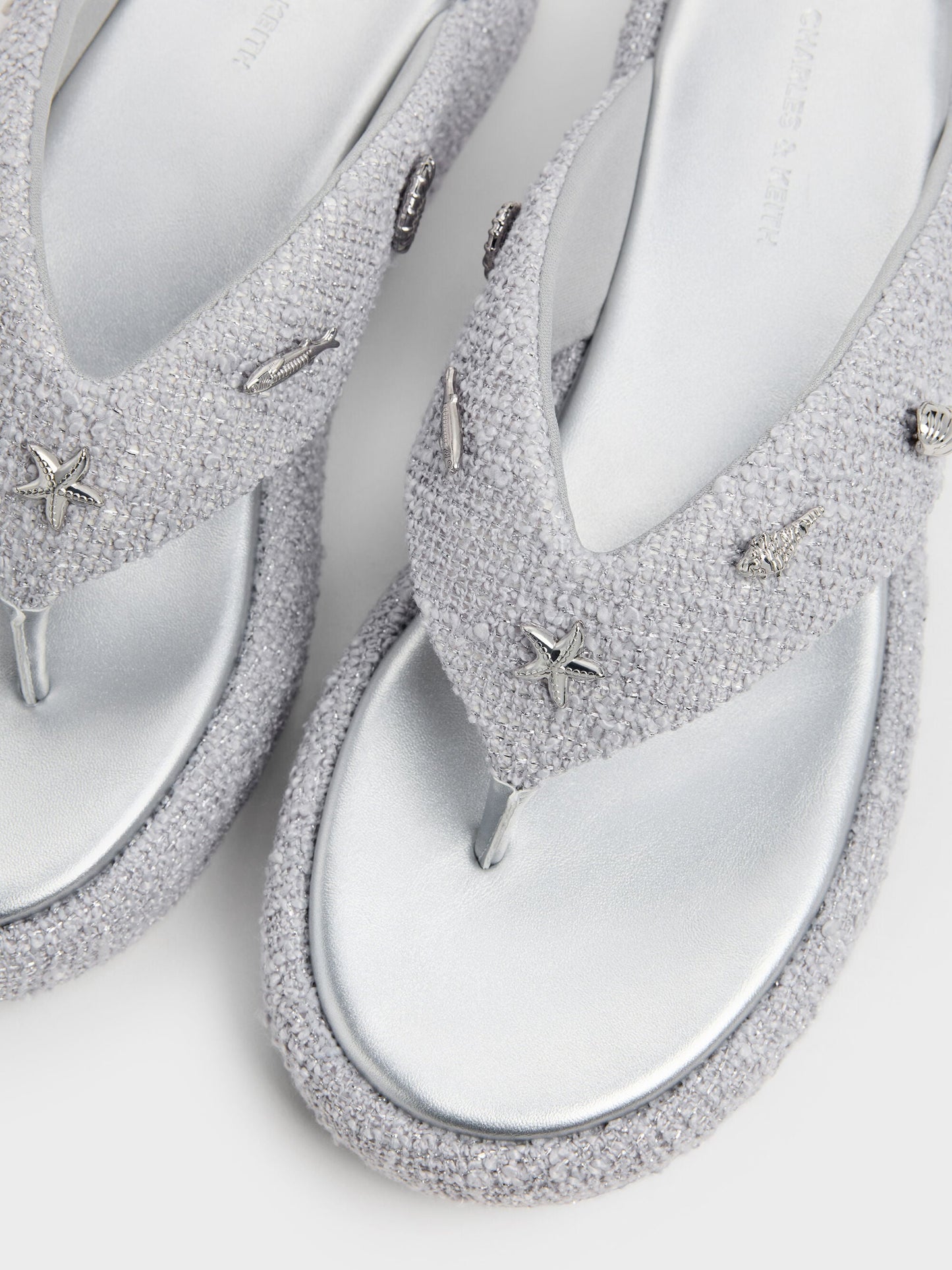 Tweed Beach Flatform Thong Sandals - Silver | CHARLES & KEITH