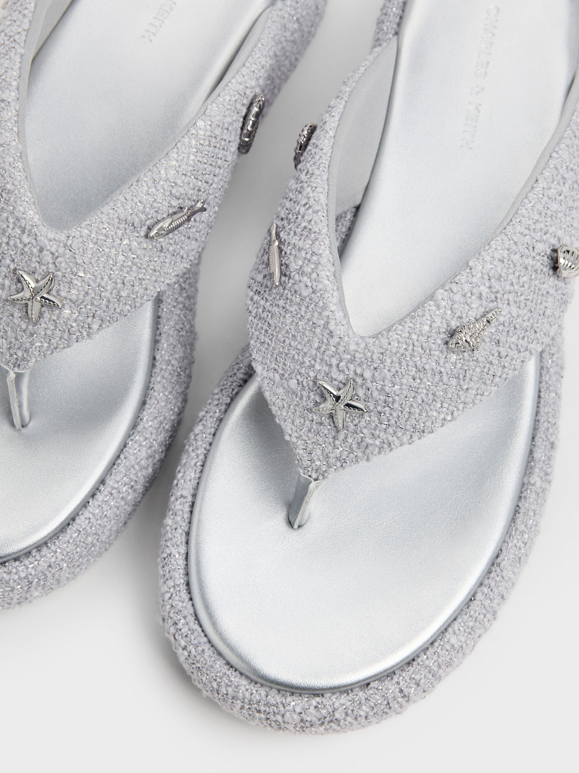Tweed Beach Flatform Thong Sandals - Silver | CHARLES & KEITH