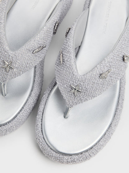 Tweed Beach Flatform Thong Sandals - Silver | CHARLES & KEITH
