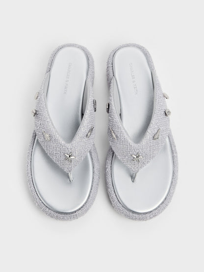 Tweed Beach Flatform Thong Sandals - Silver | CHARLES & KEITH