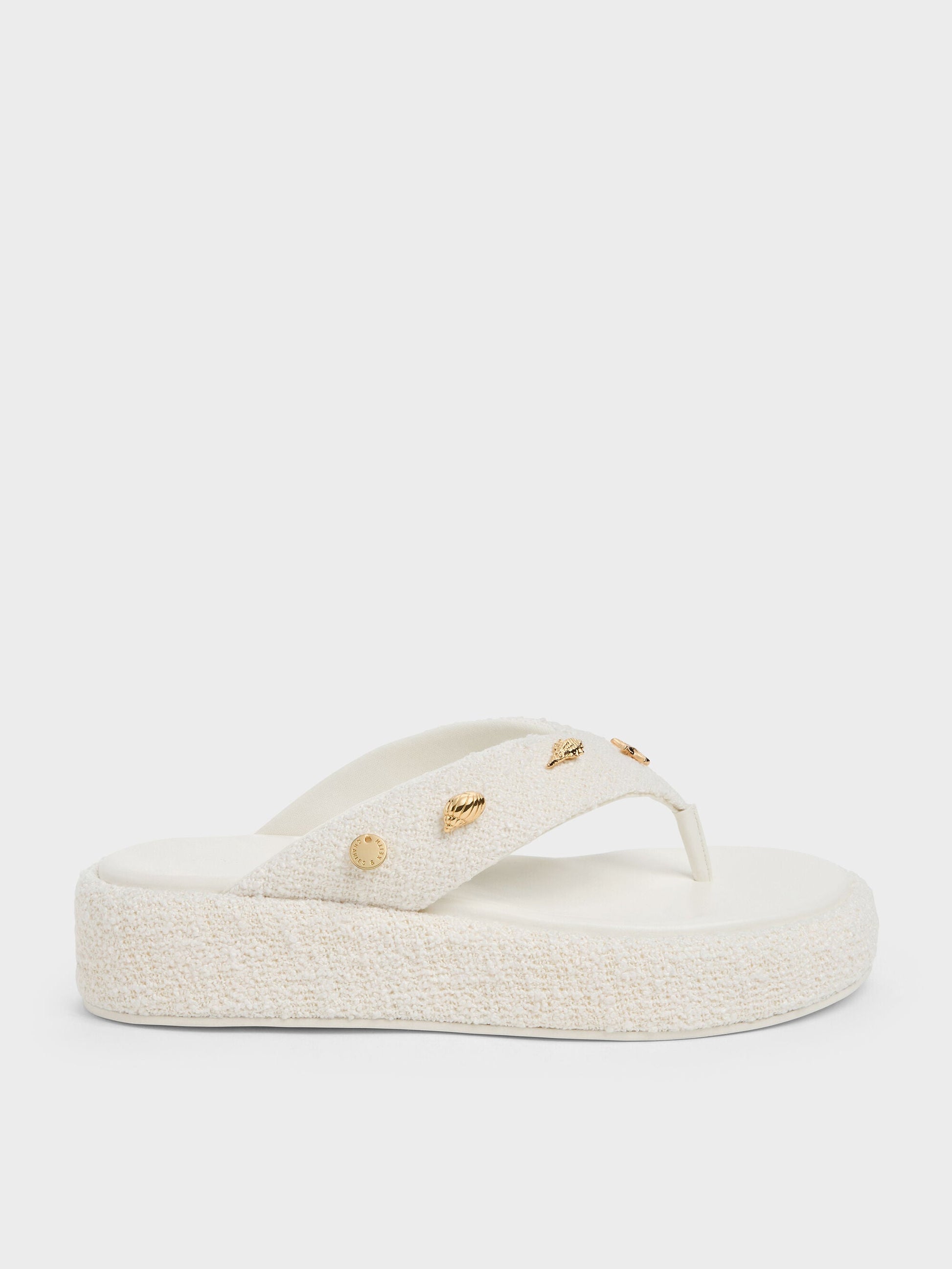 Tweed Beach Flatform Thong Sandals - Chalk | CHARLES & KEITH
