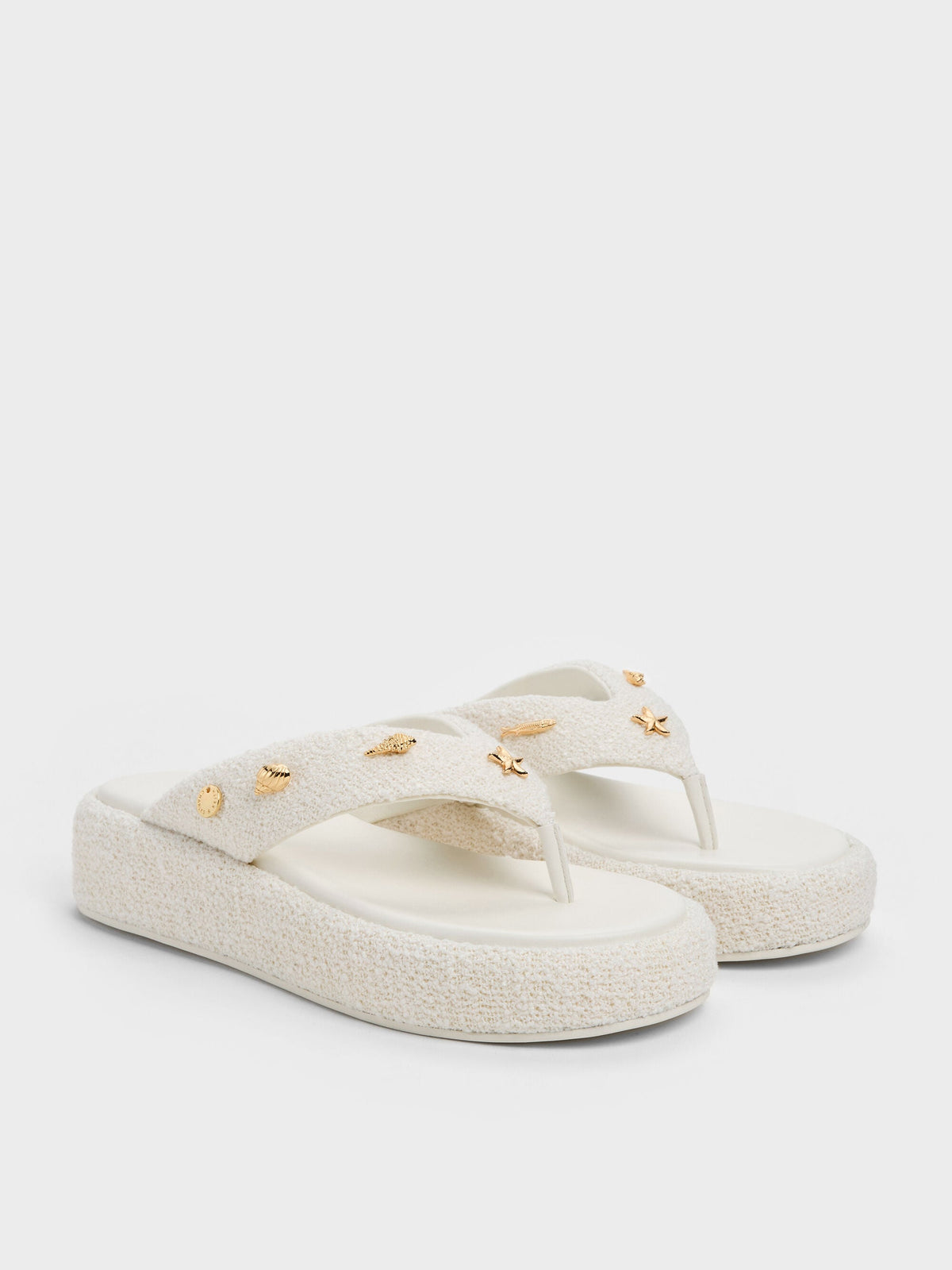 Tweed Beach Flatform Thong Sandals - Chalk | CHARLES & KEITH