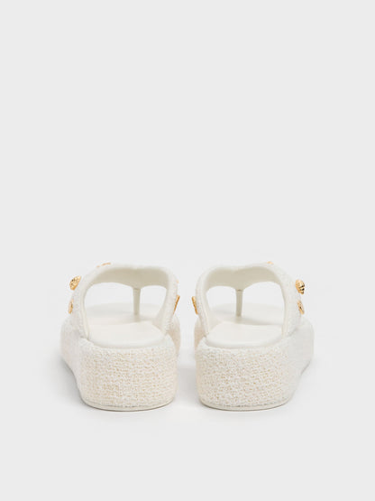 Tweed Beach Flatform Thong Sandals - Chalk | CHARLES & KEITH