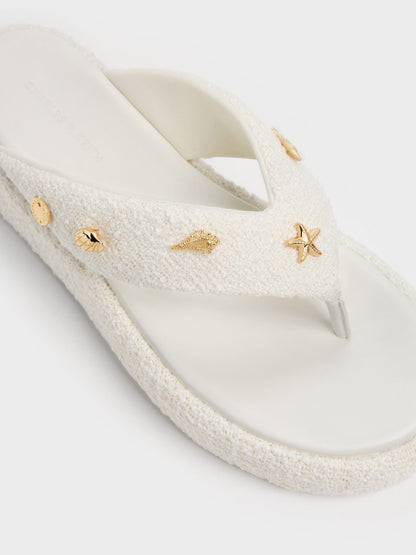 Tweed Beach Flatform Thong Sandals - Chalk | CHARLES & KEITH