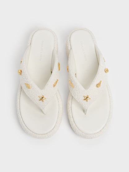 Tweed Beach Flatform Thong Sandals - Chalk | CHARLES & KEITH