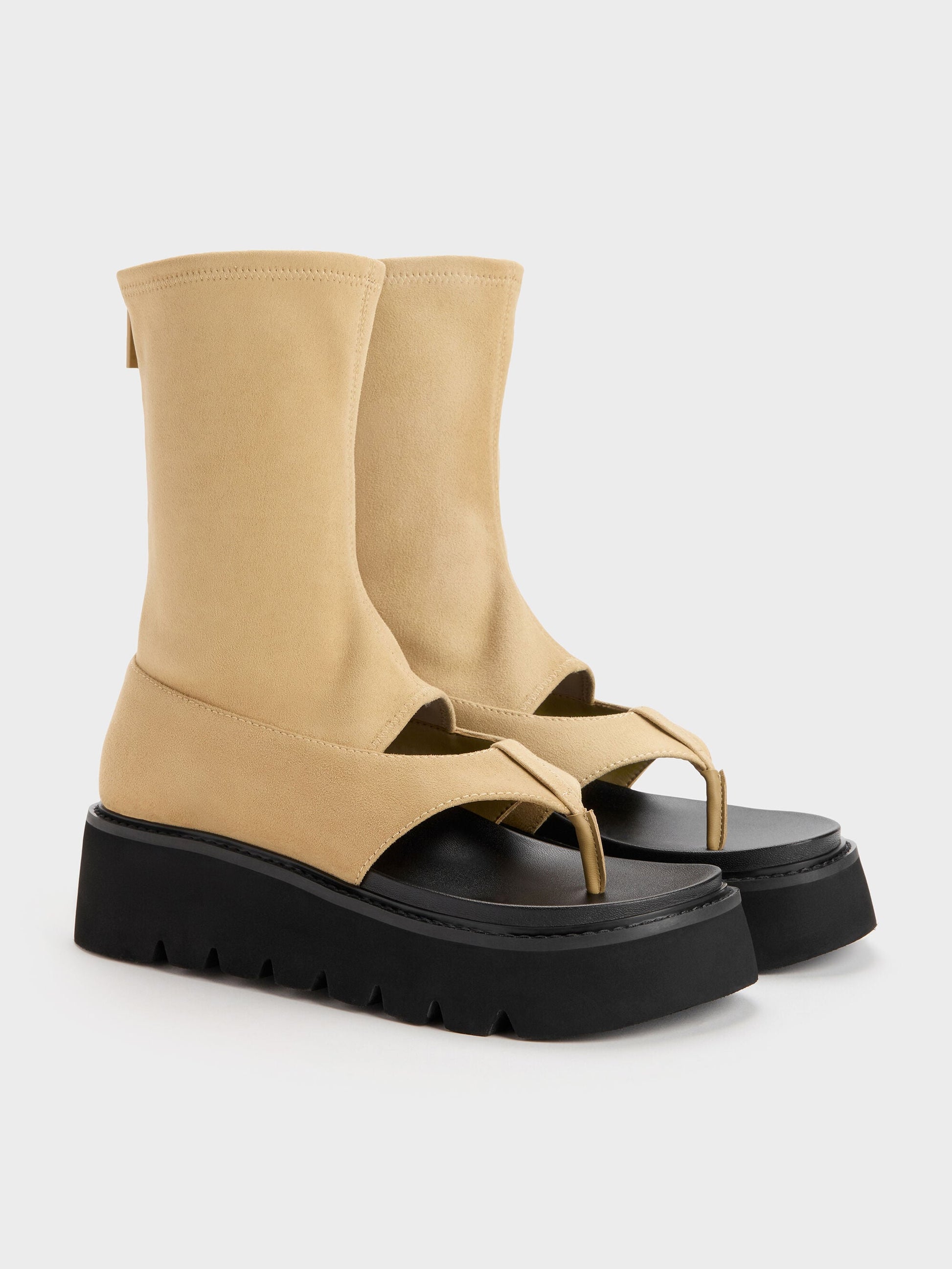 Laine Faux Suede Platform Boot Sandals - Sand | CHARLES & KEITH