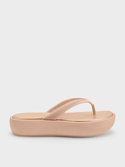 Satin Thong Flatform Sandals - Nude | CHARLES & KEITH