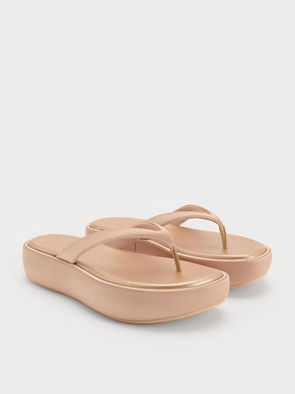 Satin Thong Flatform Sandals - Nude | CHARLES & KEITH