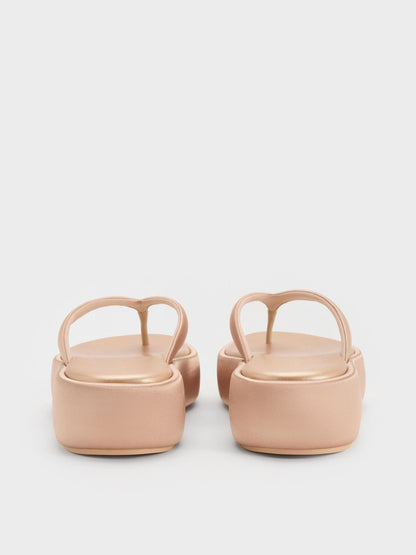 Satin Thong Flatform Sandals - Nude | CHARLES & KEITH
