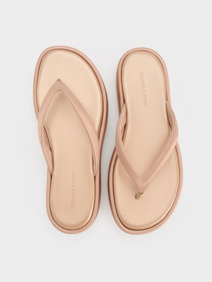Satin Thong Flatform Sandals - Nude | CHARLES & KEITH