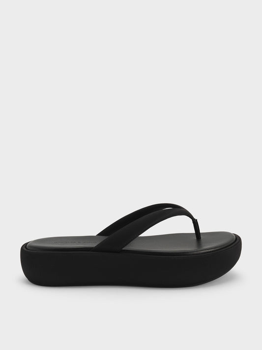 Satin Thong Flatform Sandals - Black Textured | CHARLES & KEITH