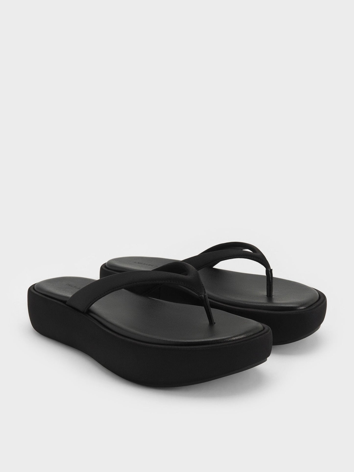 Satin Thong Flatform Sandals - Black Textured | CHARLES & KEITH