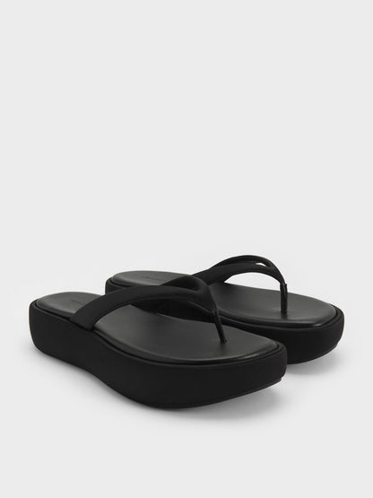 Satin Thong Flatform Sandals - Black Textured | CHARLES & KEITH