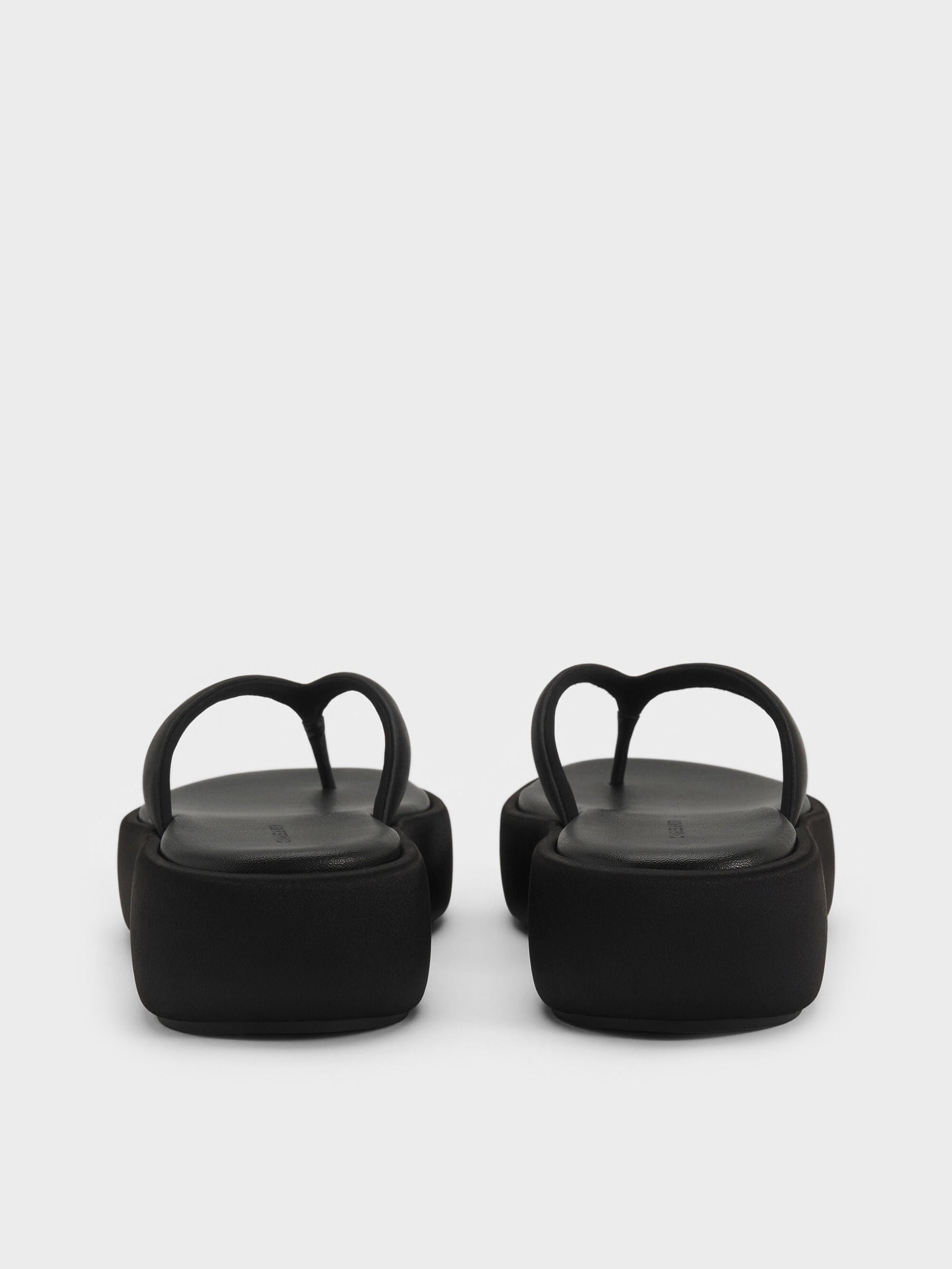 Satin Thong Flatform Sandals - Black Textured | CHARLES & KEITH