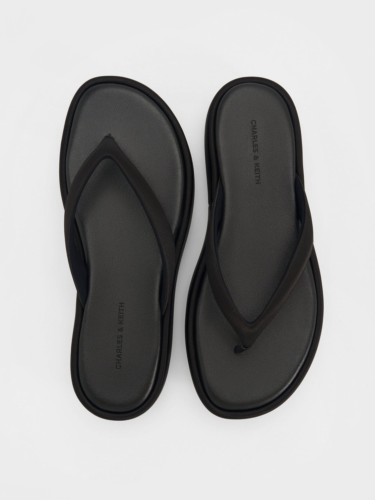 Satin Thong Flatform Sandals - Black Textured | CHARLES & KEITH