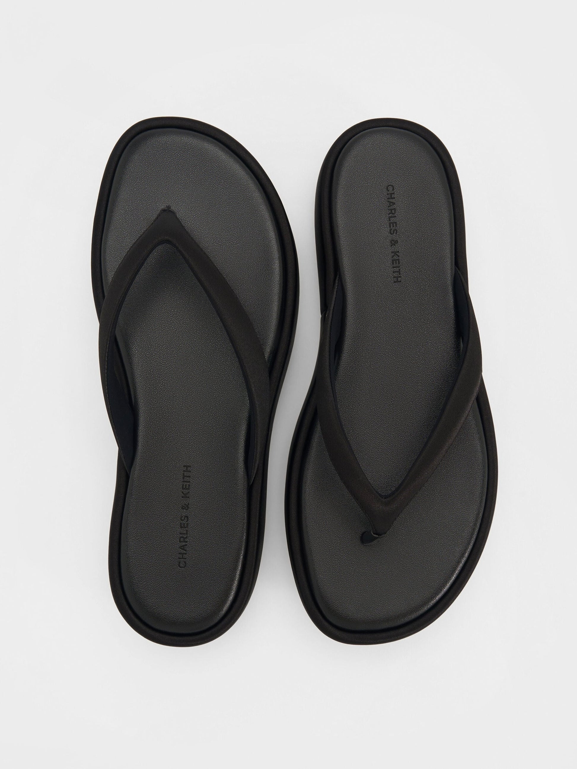 Satin Thong Flatform Sandals - Black Textured | CHARLES & KEITH