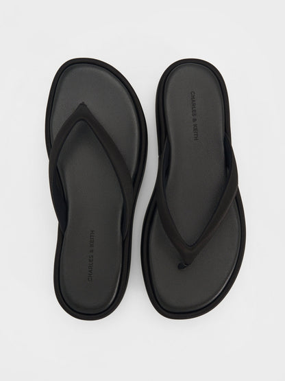 Satin Thong Flatform Sandals - Black Textured | CHARLES & KEITH