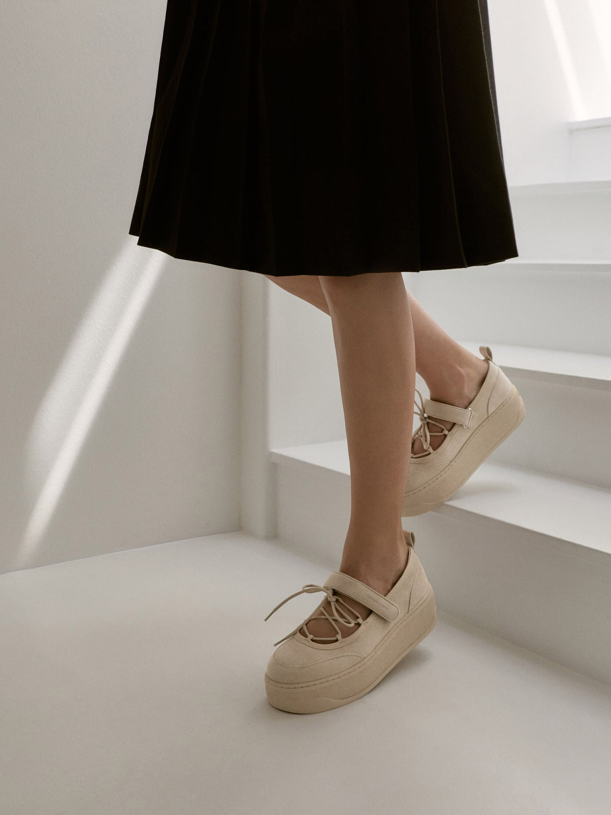 Faux Suede Mary Jane Platform Sneakers - Beige | CHARLES & KEITH