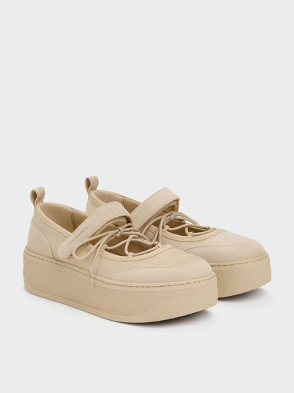 Faux Suede Mary Jane Platform Sneakers - Beige | CHARLES & KEITH