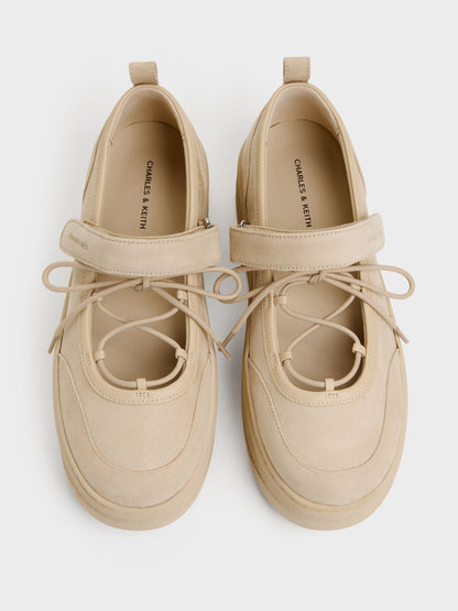Faux Suede Mary Jane Platform Sneakers - Beige | CHARLES & KEITH