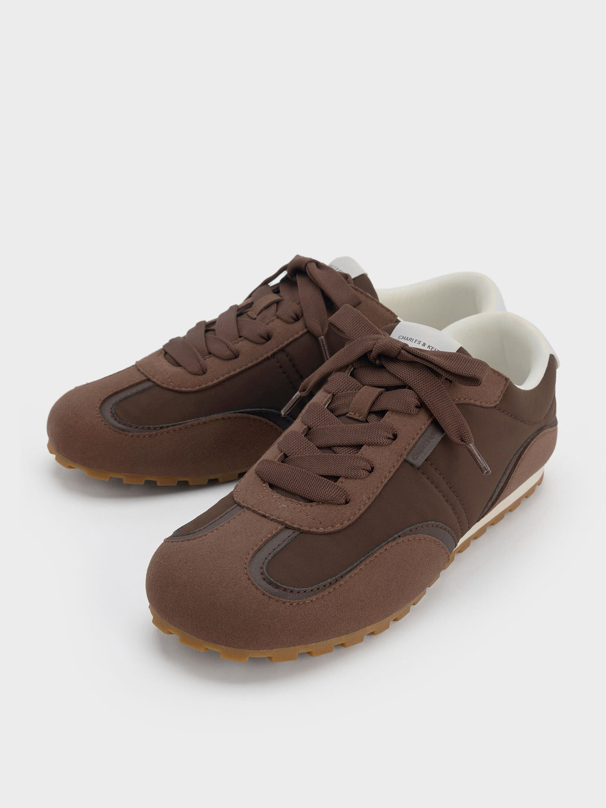 Nylon Contrast-Panel Sneakers - Dark Brown Textured | CHARLES & KEITH